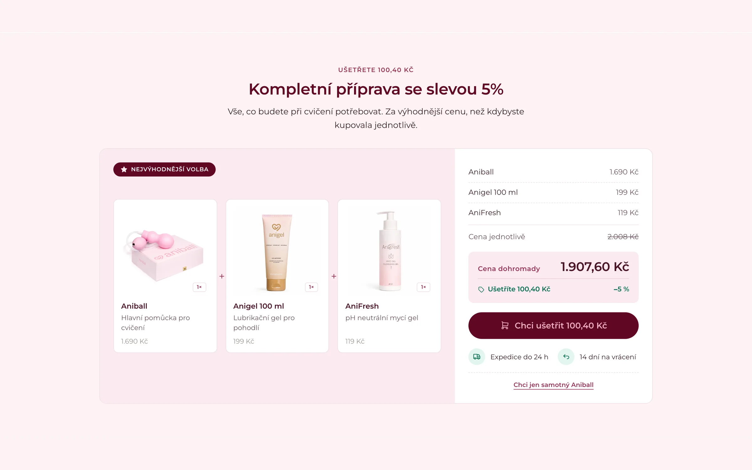 Bundle sekce Kompletní příprava se slevou na produktové stránce Aniball