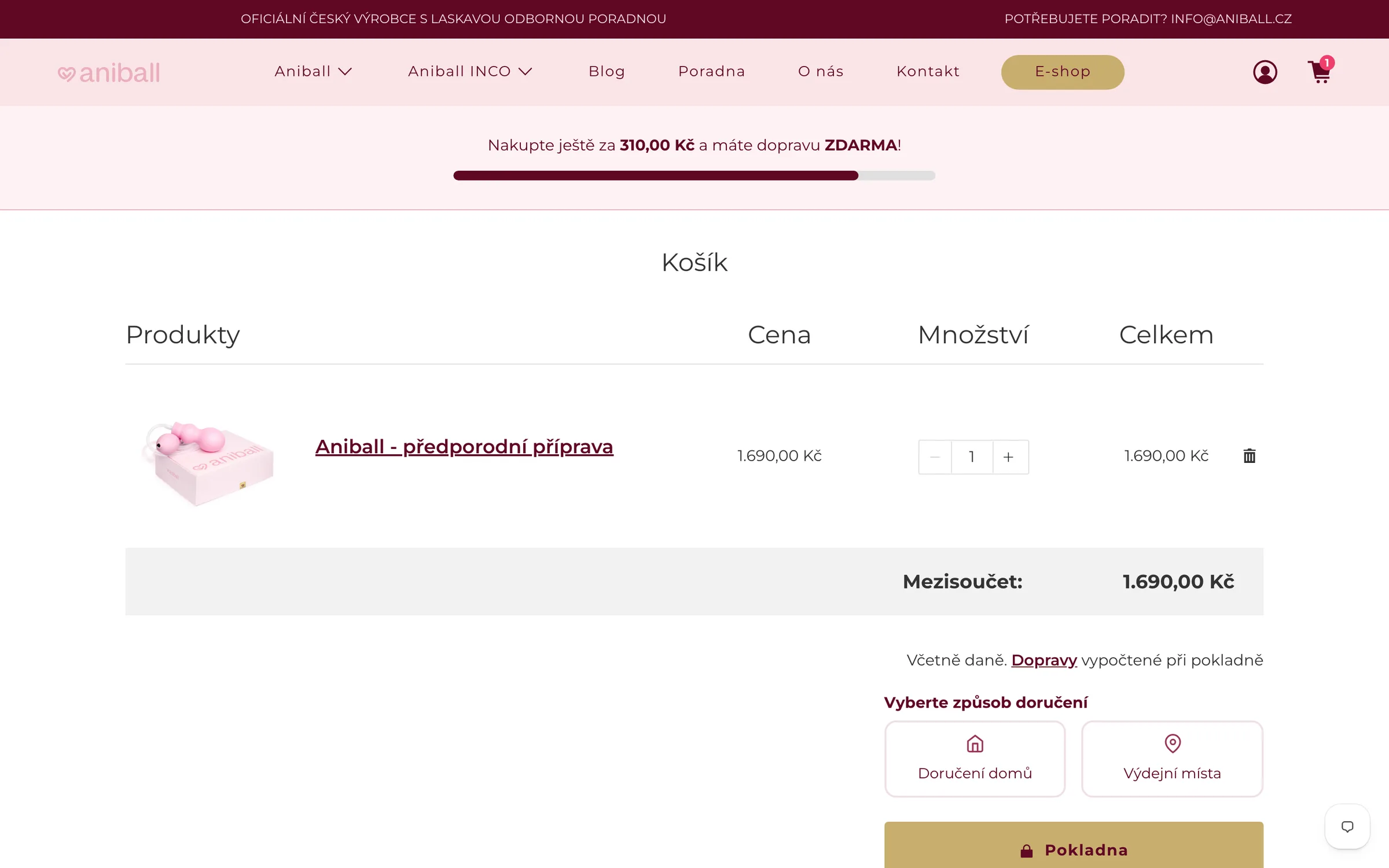Košík Aniball před redesignem – tabulka s produkty, cenou a množstvím