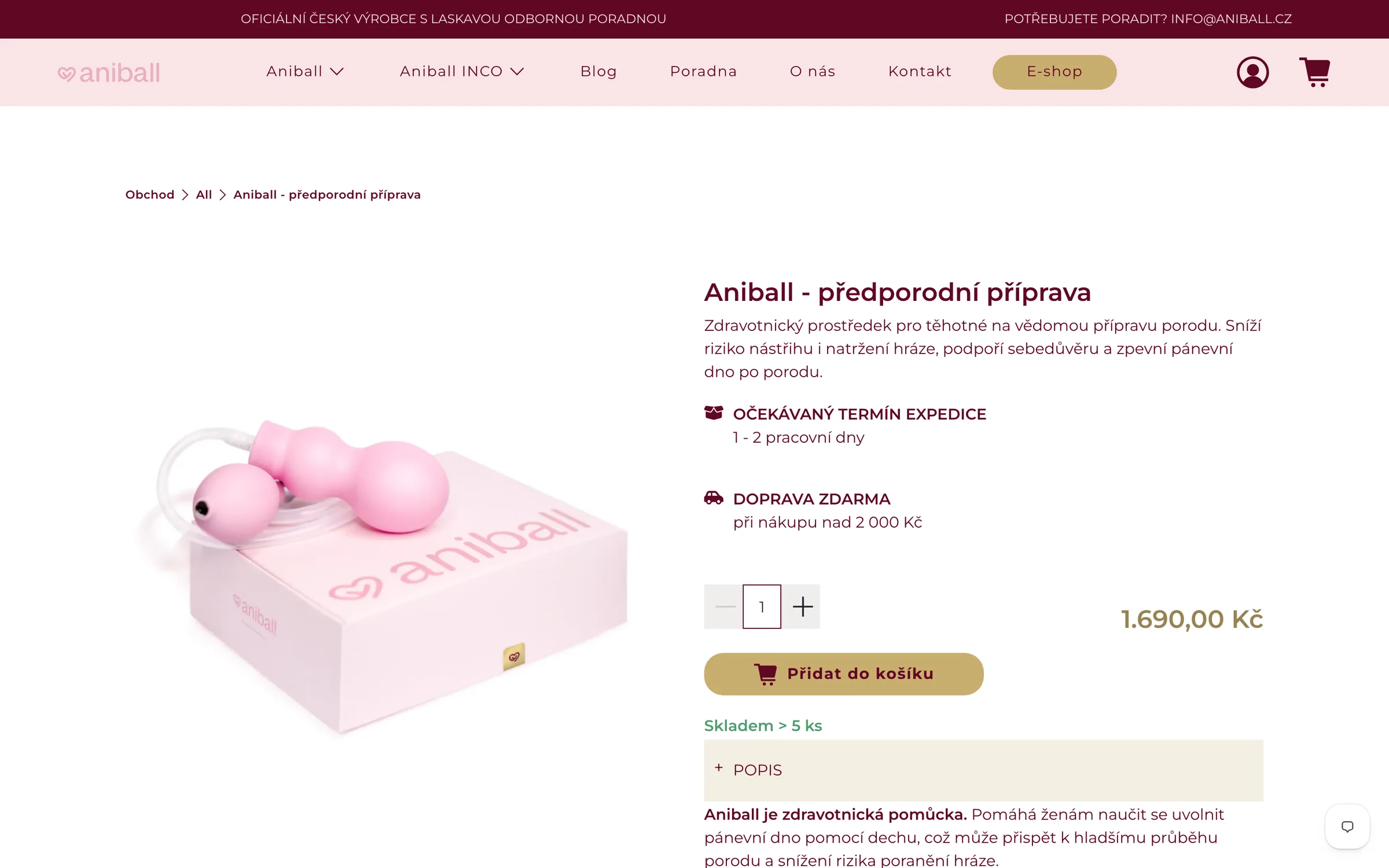 Produktová stránka Aniball před redesignem – galerie, název, cena a tlačítko