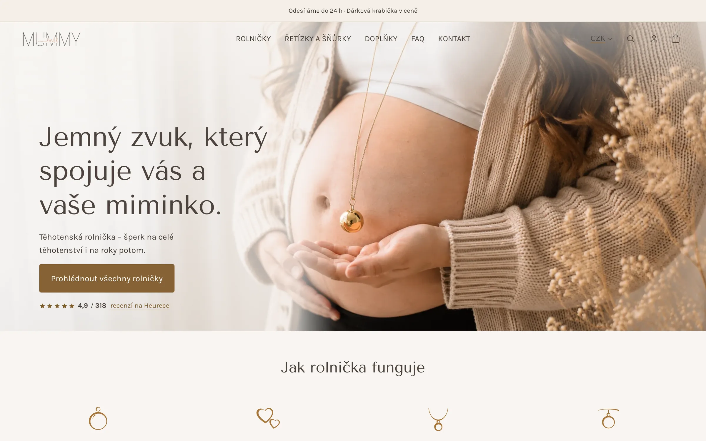Homepage Těhotenské rolničky po redesignu – hero s textem a hodnocením obchodu